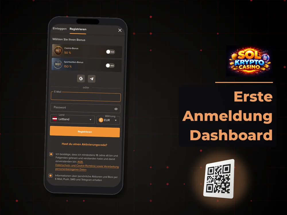Sol Krypto Casino - Erste Anmeldung Dashboard