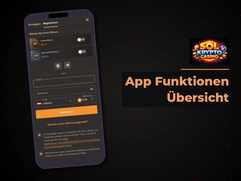 Sol Krypto Casino - App Funktionen Übersicht