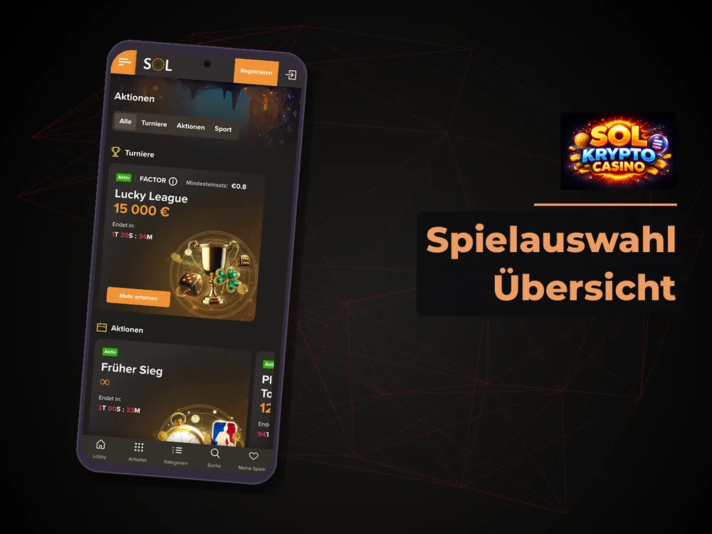 Sol Krypto Casino - Spielauswahl Übersicht