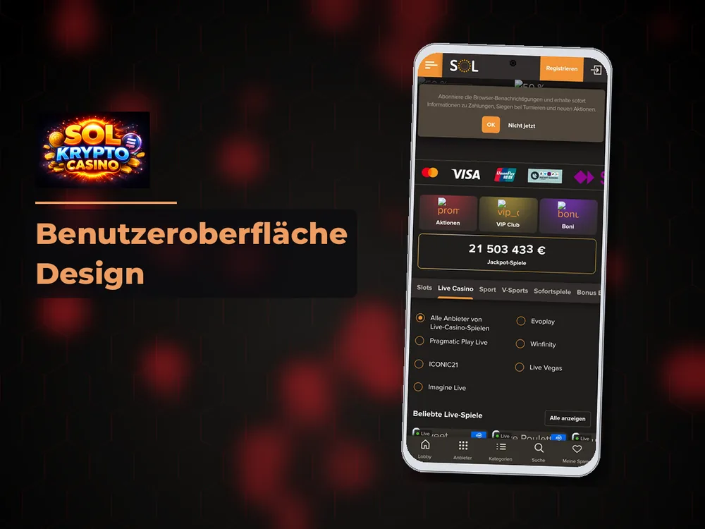 Sol Krypto Casino - Benutzeroberfläche Design