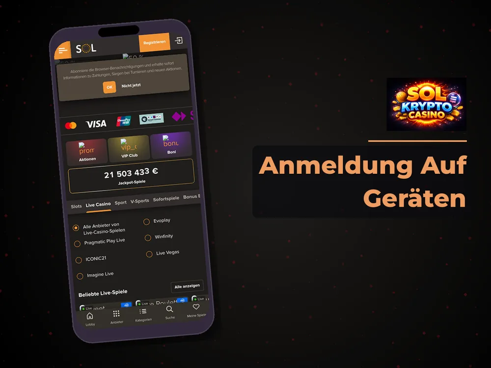 Sol Krypto Casino - Anmeldung Auf Geräten