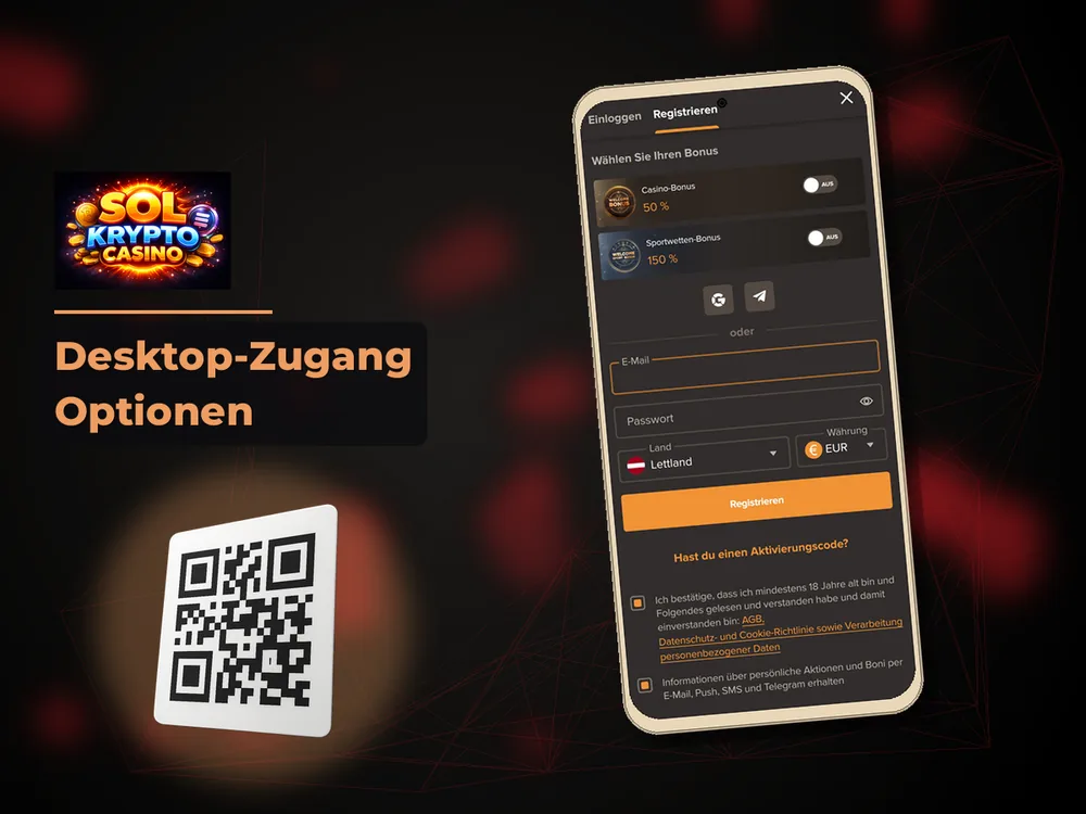 Sol Krypto Casino - Desktop-Zugang Optionen