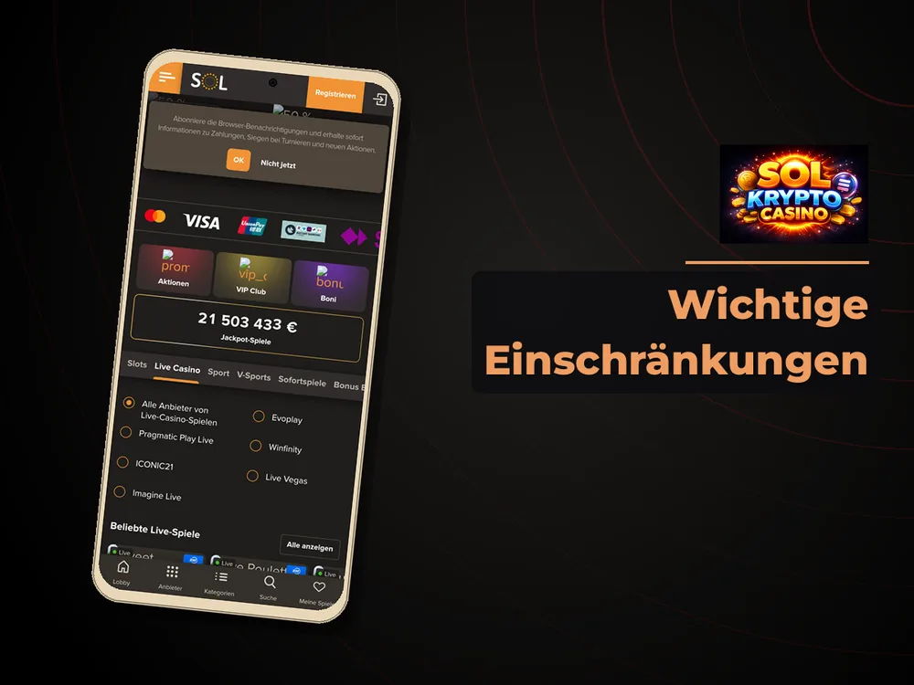 Sol Krypto Casino - Wichtige Einschränkungen