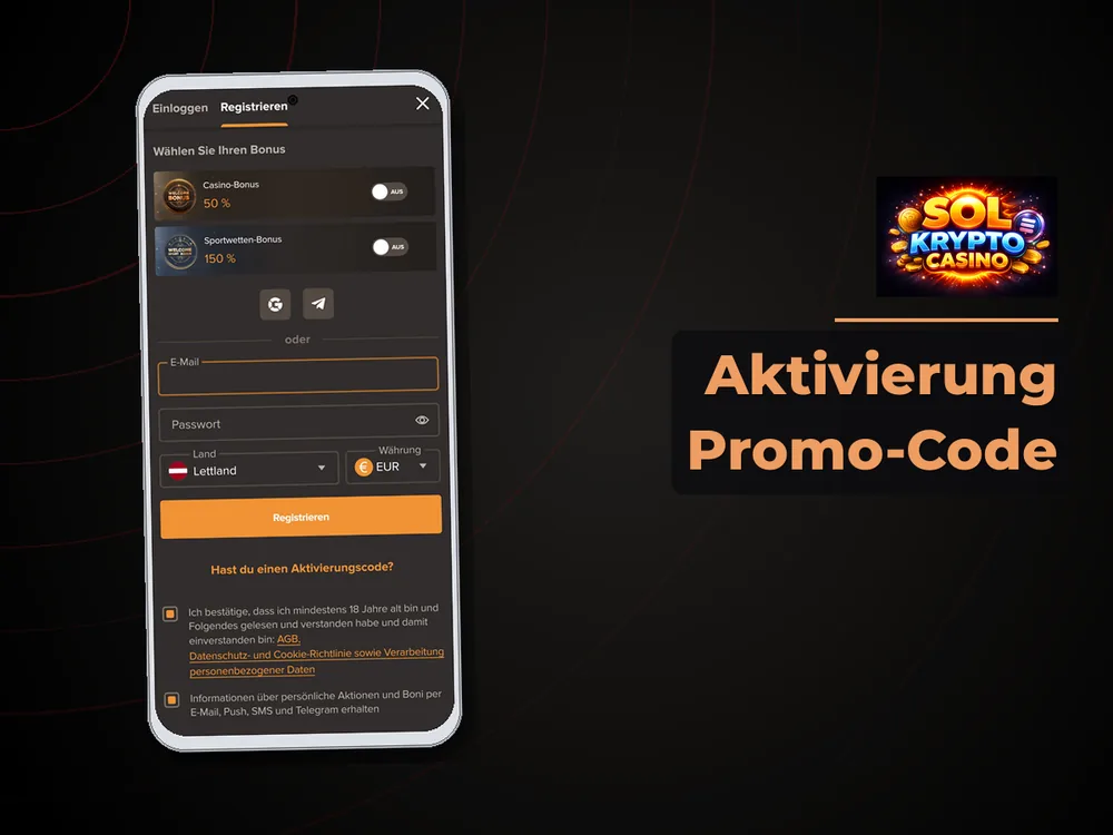 Sol Krypto Casino - Aktivierung Promo-Code