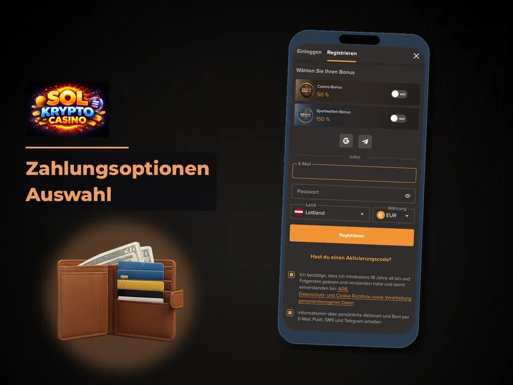 Sol Casino - Zahlungsoptionen Auswahl