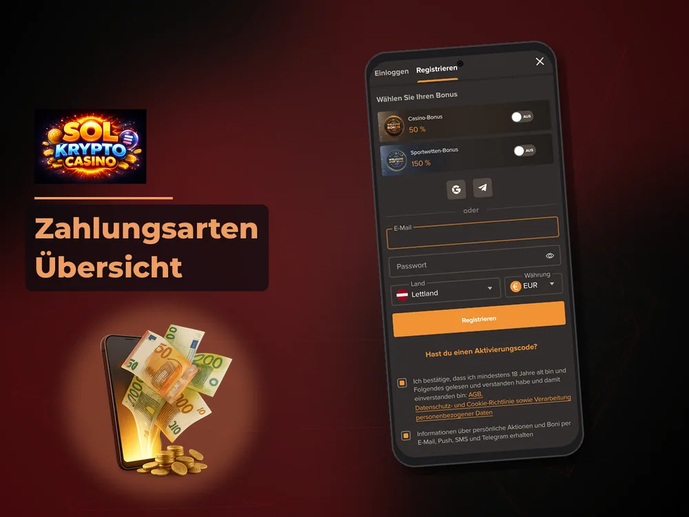 Sol Casino - Zahlungsarten Übersicht
