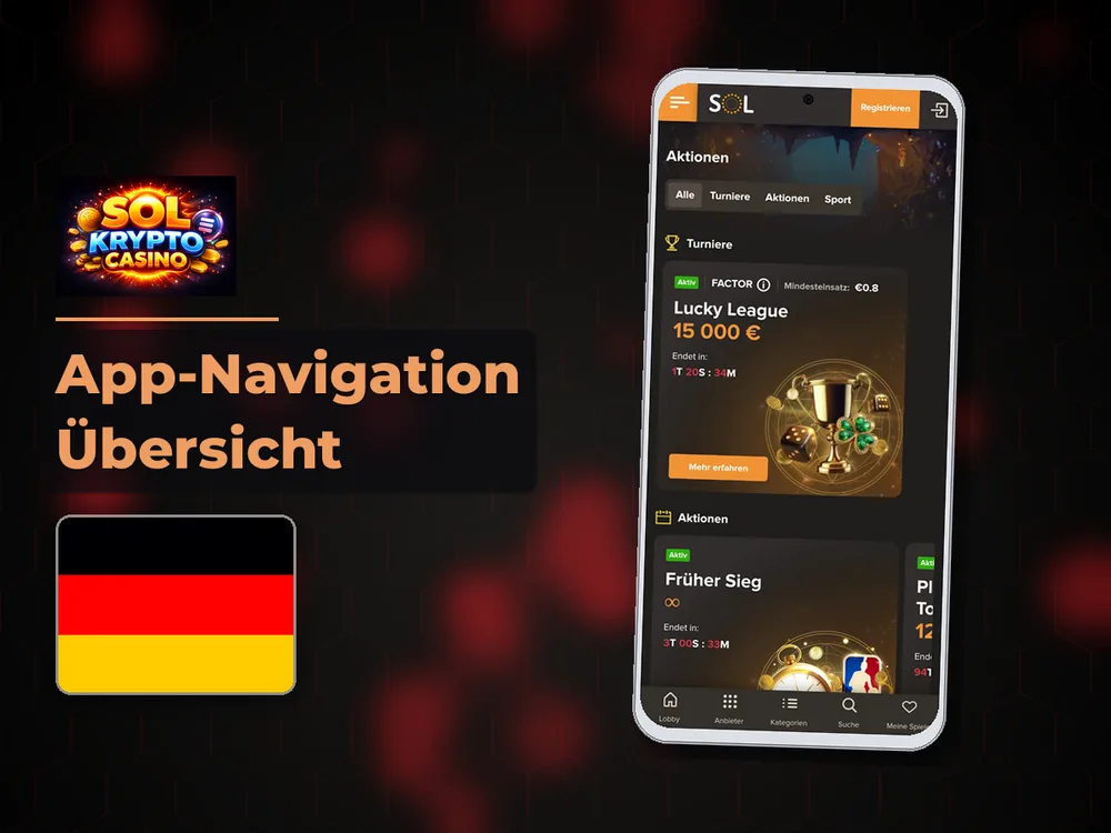 Sol Casino - App-Navigation Übersicht