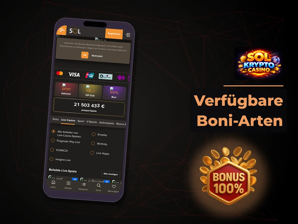 Sol Casino - Verfügbare Boni-Arten