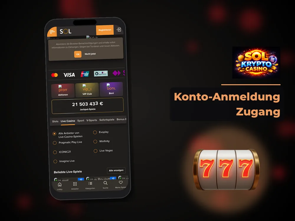 Sol Casino - Konto-Anmeldung Zugang