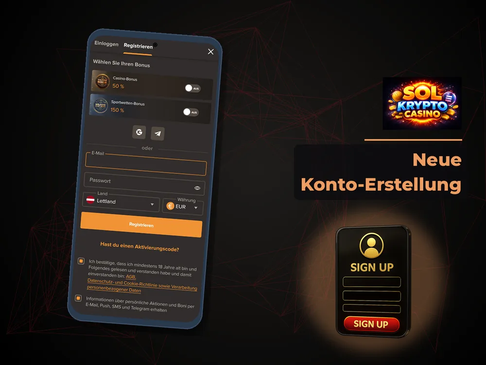 Sol Casino - Neue Konto-Erstellung