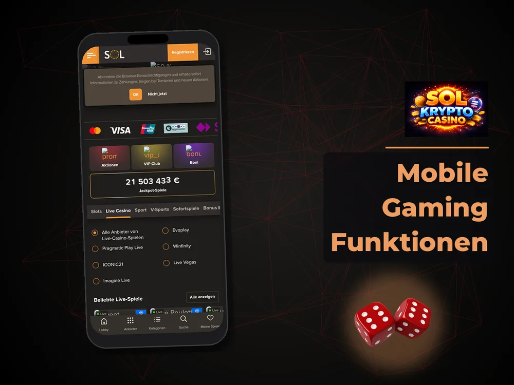 Sol Casino - Mobile Gaming Funktionen