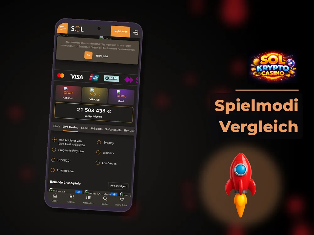 Sol Casino - Spielmodi Vergleich