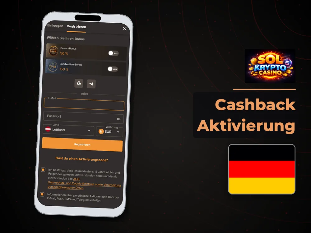 Sol Casino - Cashback Aktivierung
