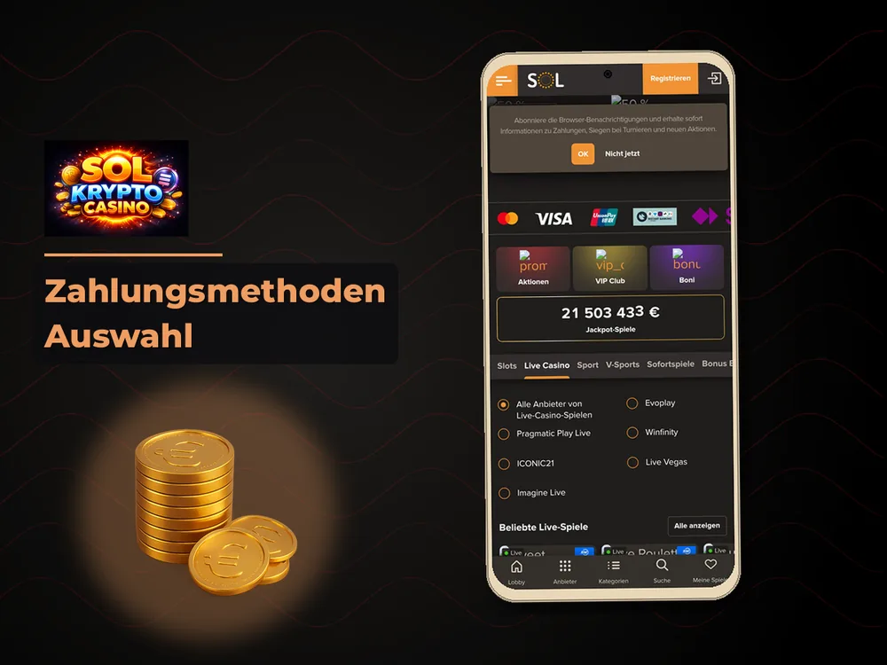 Sol Casino - Zahlungsmethoden Auswahl