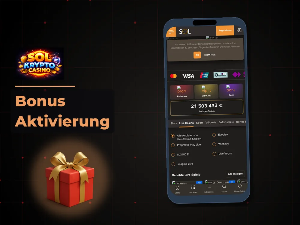 Sol Casino - Bonus Aktivierung