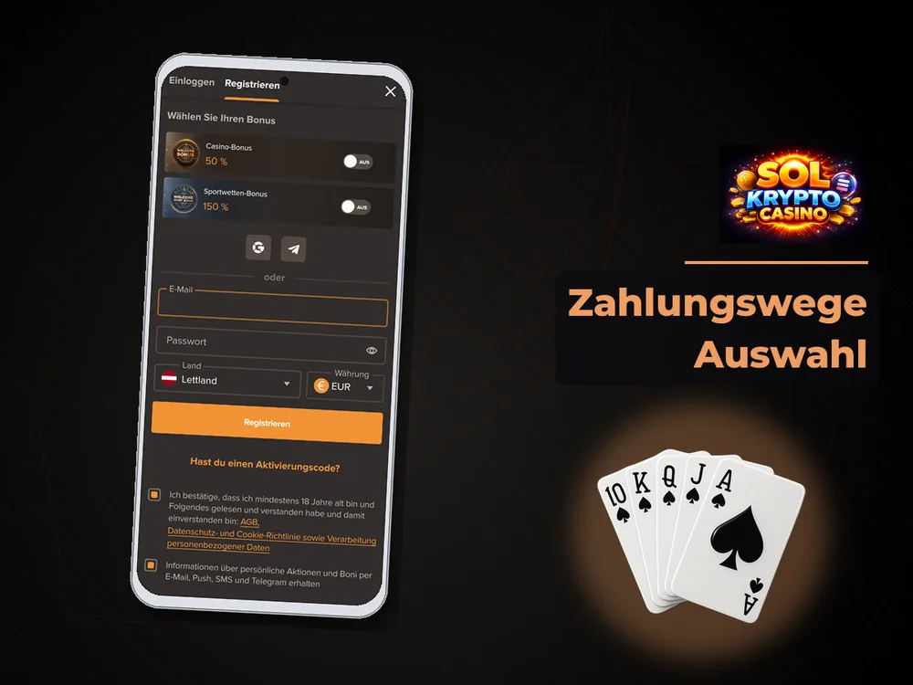 Sol Casino - Zahlungswege Auswahl