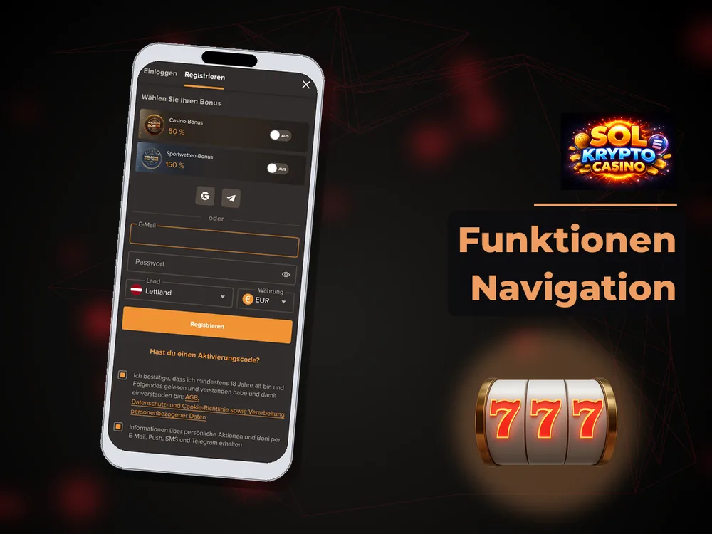 Sol Casino - Funktionen Navigation