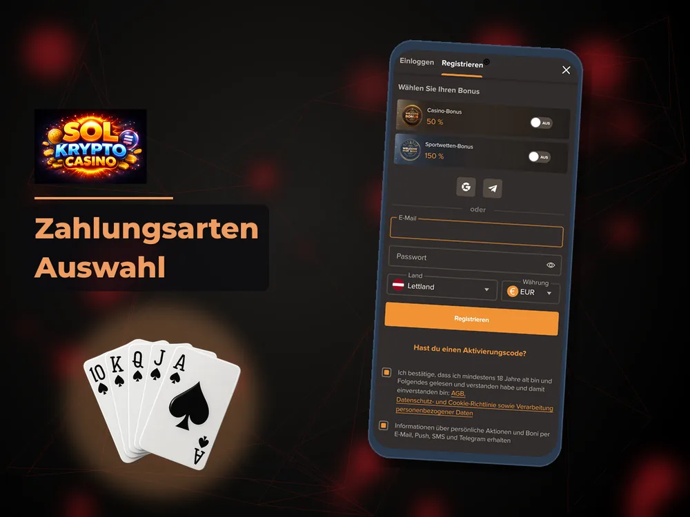 Sol Casino - Zahlungsarten Auswahl