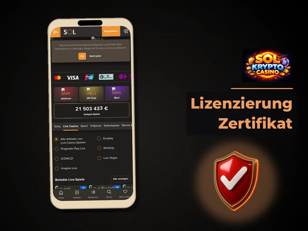 Sol Casino - Lizenzierung Zertifikat