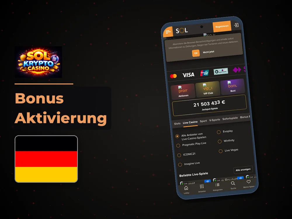 Sol Casino - Bonus Aktivierung