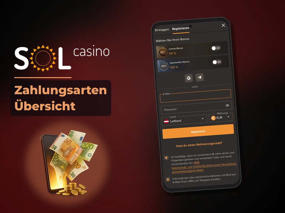 Sol Casino - Zahlungsarten Übersicht
