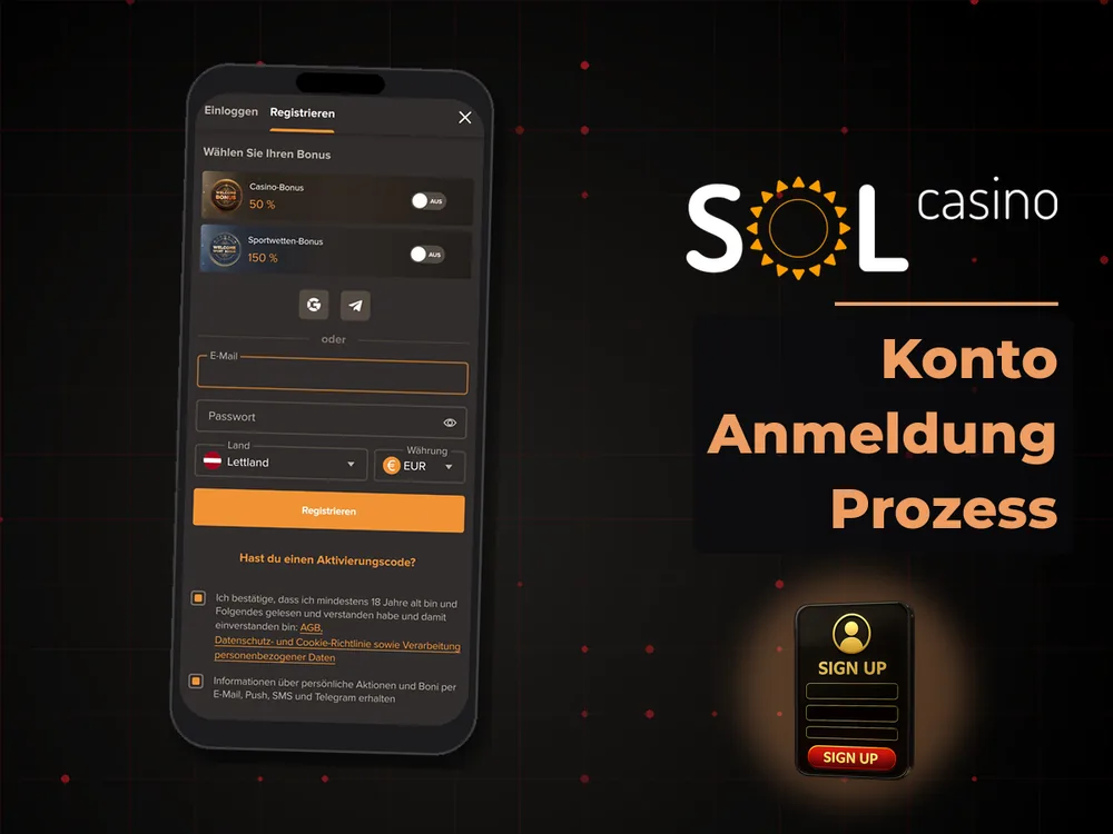 Sol Casino - Konto Anmeldung Prozess