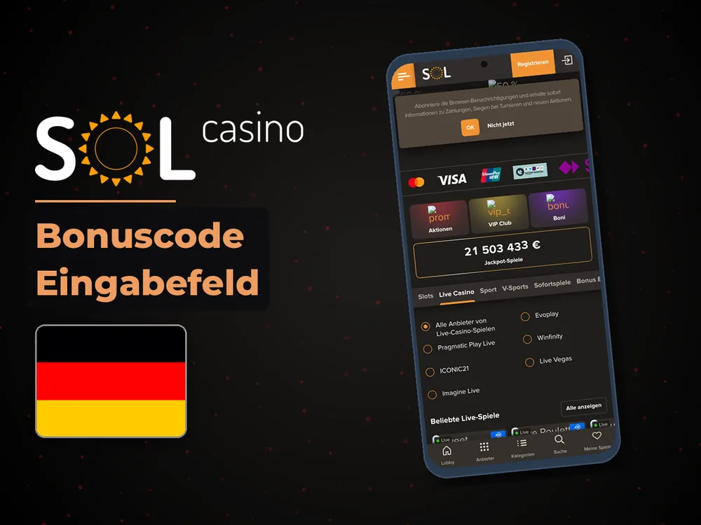 Sol Casino - Bonuscode Eingabefeld