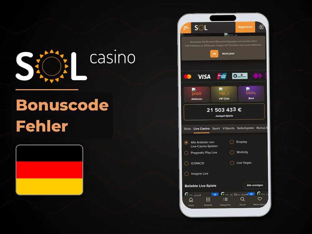 Sol Casino - Bonuscode Fehler